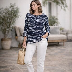 Eileen Fisher Black White Textured Knit Modern Minimalist Boxy Cotton Top Small